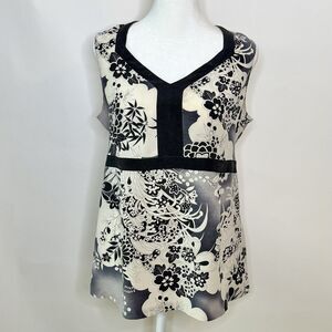 MIMI Maternity Sleeveless Silk V-Neck  Top Shirt Women's L Black White Floral